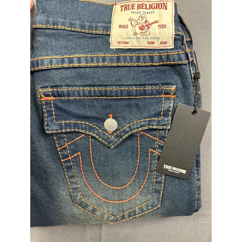 True Religion Men Sz 34x32 Geno SN Flap Relaxed Slim Jeans Blue Denim‎ Orange